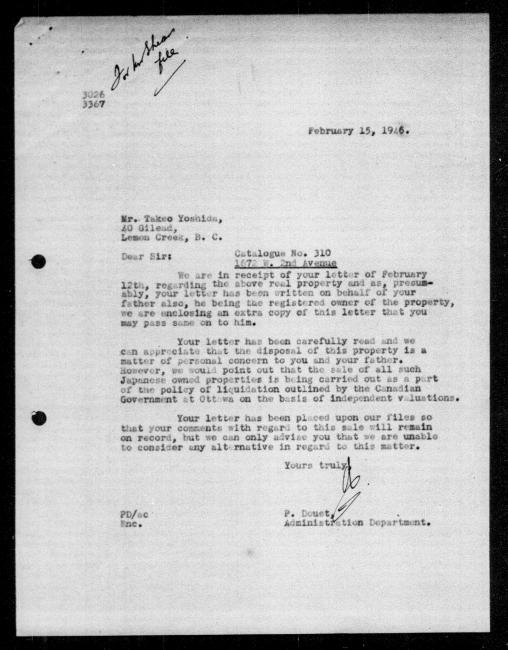 Scanned black-and-white microfilm of a typed reply letter to Takeo Yoshida from government representative RG Bell regarding dispossession of their property.