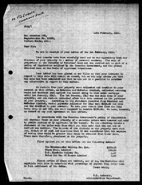 Scanned black-and-white microfilm of a typewritten reply letter to Asamatsu Uno from government representative WE Anderson regarding dispossession of their property. Includes handwritten annotation top margin.