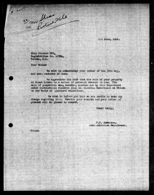 Scanned black-and-white microfilm of a typed reply letter to Chisato Oye  from government representative WE Anderson regarding dispossession of their property.