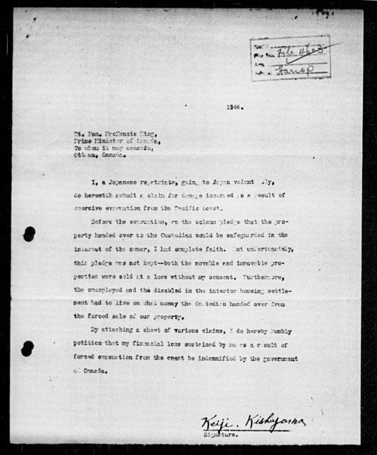 Scanned black-and-white microfilm of a typewritten letter addressed to prime minister McKenzie King from Keiji Kishiyama regarding dispossession of their property. Includes stamp indicating the letter's file number and that it was received by Harrop, and the author's signature.
Page 1 of 3.