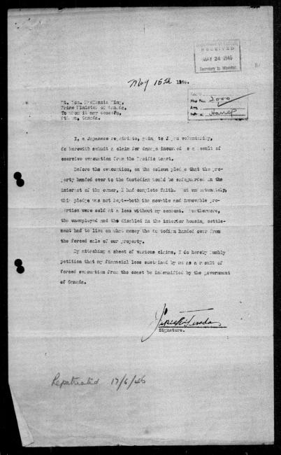 Scanned black-and-white microfilm of a typewritten copy of a letter addressed to the Prime Minister of Canada, MacKenzie King from Jiukichi Terada regarding dispossession of their property. Includes stamp indicating the letter's file number and that it was received by Harrop, and the author's signature. Includes handwritten annotations. Page 1 of 3.