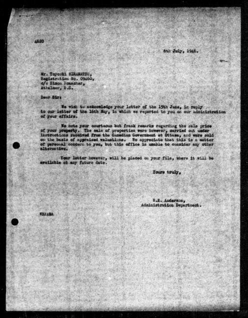 Scanned black-and-white microfilm of a typewritten reply letter to Toyoshi Hiramatsu from government representative WE Anderson regarding dispossession of their property.