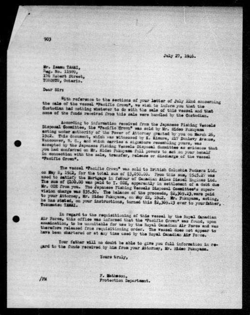 Scanned black-and-white microfilm of a typewritten reply letter to Isamu Tamai from government representative F Matheson regarding dispossession of their property.