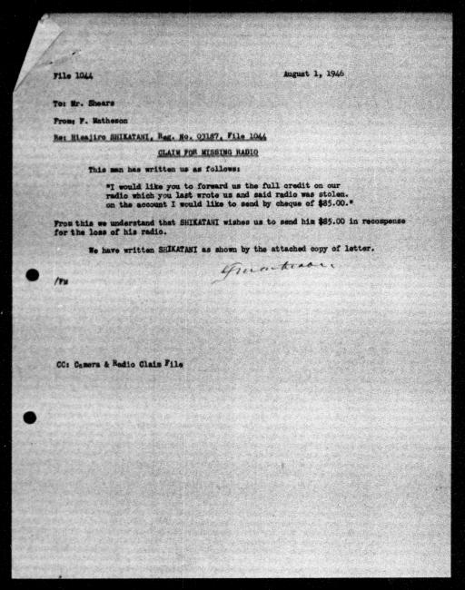 Scanned black-and-white microfilm of a typewritten copy of an internal letter addressed to FG Shears from Flora Matheson of the Protection Department regarding dispossession of Hisajiro Shikatani's property.