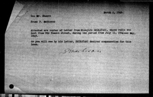 Scanned black-and-white microfilm of a typewritten internal letter to government representative FG Shears from government representative F Matheson regarding dispossession of Hisajiro Shikatani's property. Includes author's handwritten signature.