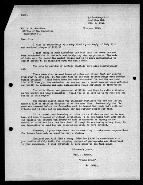 Scanned black-and-white microfilm of a typewritten copy of a letter addressed to the government from  Hyodo Toshi regarding dispossession of their property.