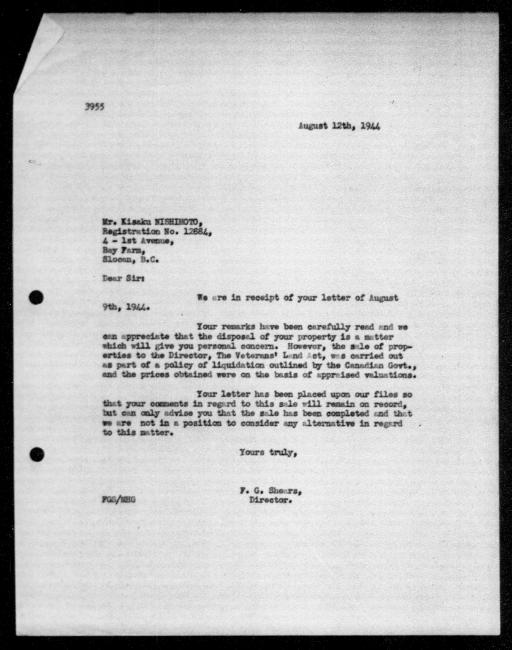 Scanned black-and-white microfilm of a typewritten reply letter to Kisaku Nishimoto from government representative FG Shears regarding dispossession of their property.