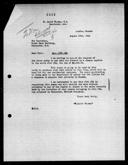 Scanned black-and-white microfilm of a typewritten copy of a letter to the government  from Barrister W. Laird Thomas regarding dispossession of Jiro Oya's property. Includes handwritten annotation for Mr Shears.