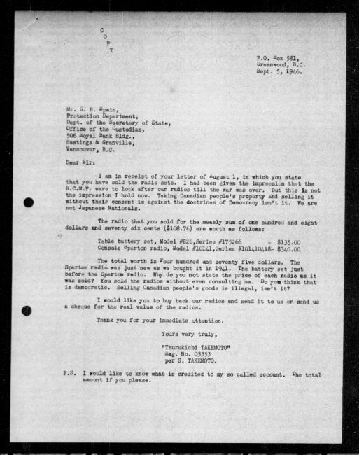 Scanned black-and-white microfilm of a typewritten reply letter to Shoichi Sakurai from government representative WE Anderson regarding dispossession of their property.
