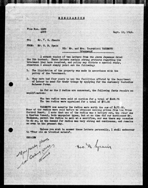 Scanned black-and-white microfilm of a typewritten copy of an internal memorandum addressed to FG Shears from GB Spain. Includes handwritten signature and annotations.