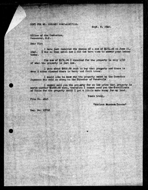Scanned black-and-white microfilm of a typewritten copy of a letter addressed to the government from  Morison Masamoto Tanaka regarding dispossession of their property.