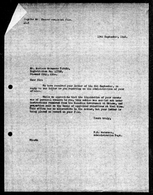 Scanned black-and-white microfilm of a typed reply letter to Morison Masamoto Tanaka from government representative WE Anderson regarding dispossession of their property.