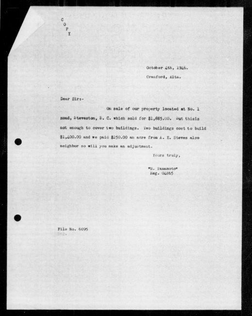 Un microfilm noir et blanc scanné d'une copie dactylographiée d'une lettre adressée au gouvernement de M Yamamoto concernant la dépossession de sa propriété.