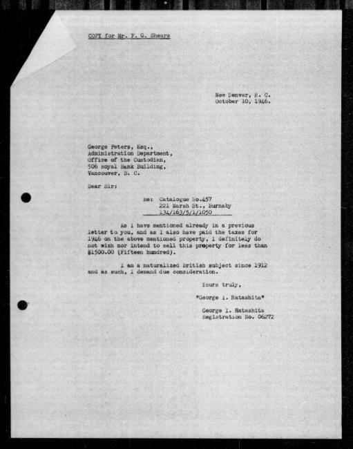 Un microfilm noir et blanc scanné d'une copie dactylographiée d'une lettre adressée au représentant du gouvernement George Peters de George I. Hatashita concernant la dépossession de sa propriété.