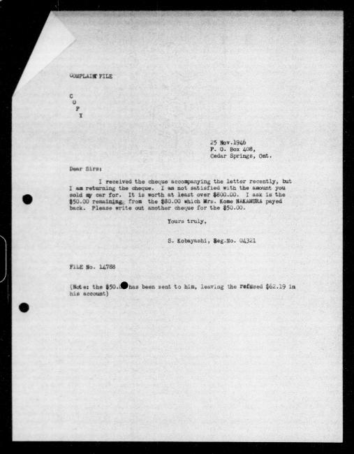 Un microfilm noir et blanc scanné d'une copie dactylographiée d'une lettre adressée au gouvernement de S Kobayashi concernant la dépossession de sa propriété.