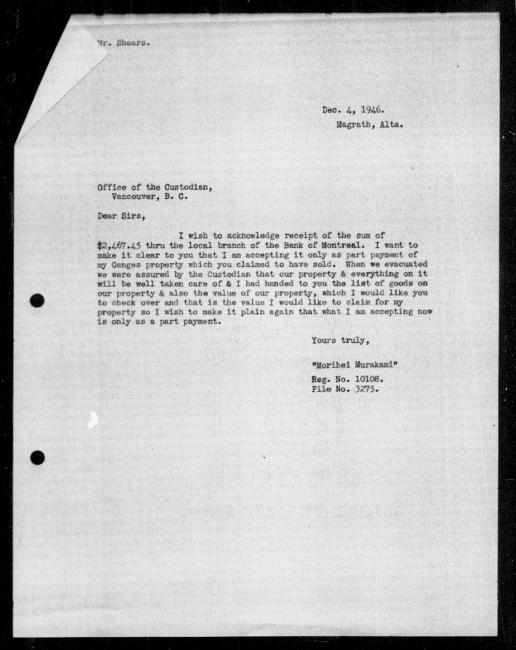 Un microfilm noir et blanc scanné d'une copie dactylographiée d'une lettre adressée au gouvernement de Morihei Murakami concernant la dépossession de sa propriété.