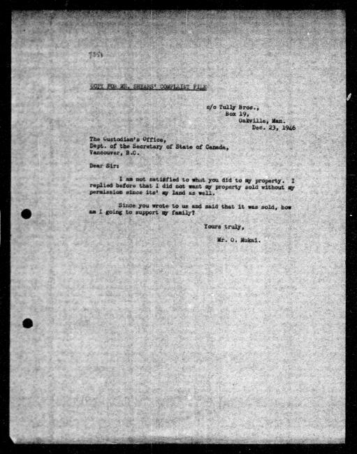 Un microfilm noir et blanc scanné d'une copie dactylographiée d'une lettre adressée au gouvernement de O Mukai concernant la dépossession de sa propriété.