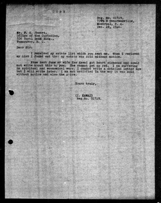 Un microfilm noir et blanc scanné d'une copie dactylographiée d'une lettre adressée au gouvernement de I et Ye Kawai concernant la dépossession de sa propriété.