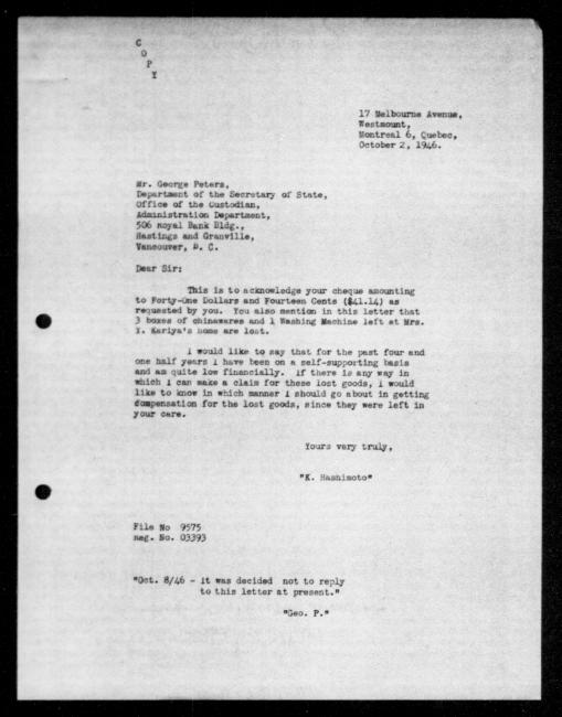 Un microfilm noir et blanc scanné d'une copie dactylographiée d'une lettre adressée au gouvernement de K Hashimoto concernant la dépossession de sa propriété.