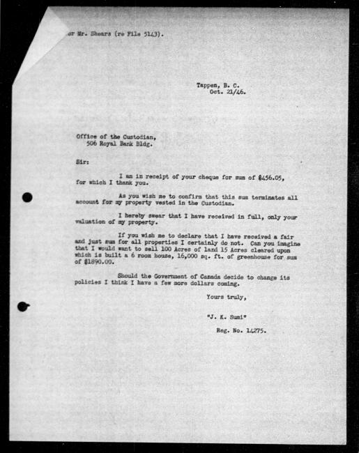 Un microfilm noir et blanc scanné d'une copie dactylographiée d'une lettre adressée au gouvernement de J.K. Sumi concernant la dépossession de sa propriété.