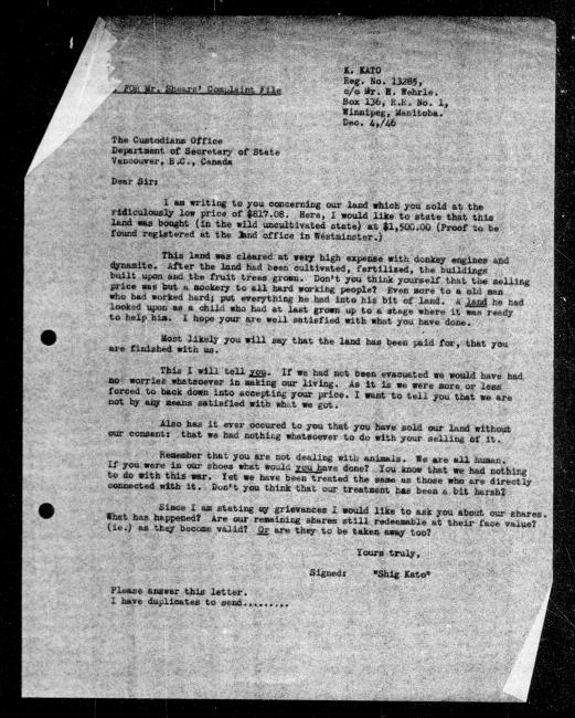 Un microfilm noir et blanc scanné d'une copie dactylographiée d'une lettre adressée au gouvernement de Shig Kato concernant la dépossession de sa propriété.