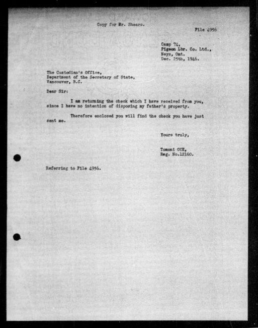 Un microfilm noir et blanc scanné d'une copie dactylographiée d'une lettre adressée au gouvernement de Oye Tomoni concernant la dépossession de sa propriété.