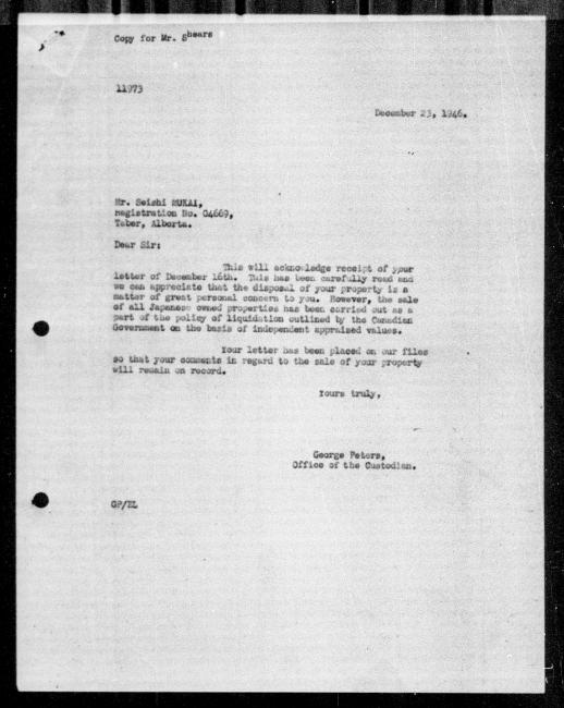Un microfilm noir et blanc scanné d'une lettre de réponse dactylographiée à Seishi Mukai du représentant du gouvernement George Peters concernant la dépossession de sa propriété.