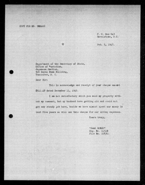 Un microfilm noir et blanc scanné d'une copie dactylographiée d'une lettre adressée au gouvernement de Seki Gondo concernant la dépossession de sa propriété.
