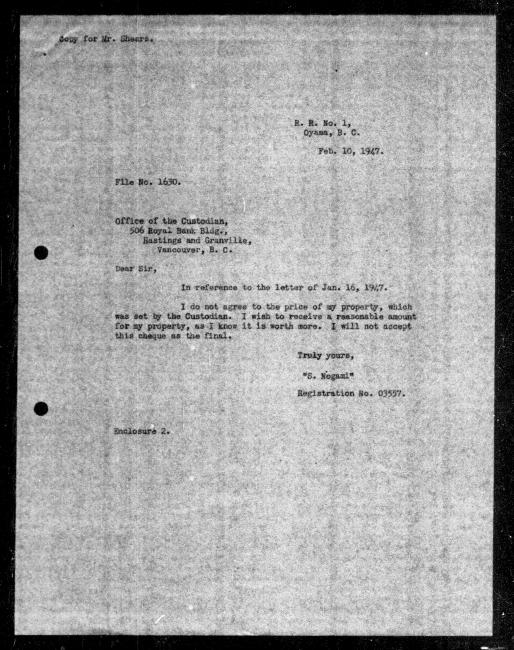Un microfilm noir et blanc scanné d'une copie dactylographiée d'une lettre adressée au gouvernement de Sankichi Nogami concernant la dépossession de sa propriété.