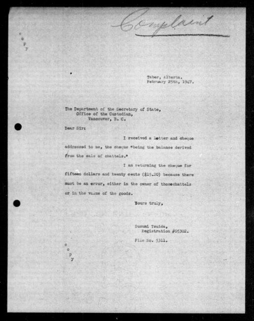 Un microfilm noir et blanc scanné d'une copie dactylographiée d'une lettre adressée au gouvernement de Suzumi Tsuida concernant la dépossession de sa propriété. Il y a des annotation manuscrites.
