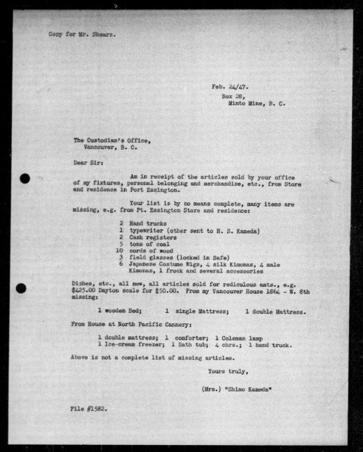 Un microfilm noir et blanc scanné d'une copie dactylographiée d'une lettre adressée au gouvernement de Shimo Kameda concernant la dépossession de sa propriété.