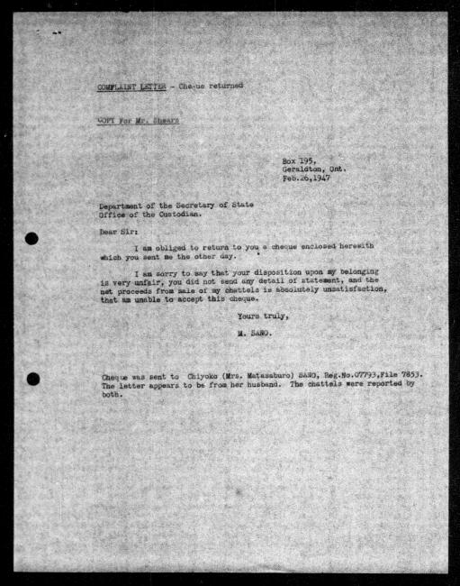 Un microfilm noir et blanc scanné d'une copie dactylographiée d'une lettre adressée au gouvernement de M Sano et Chiyoko Sano concernant la dépossession de sa propriété.