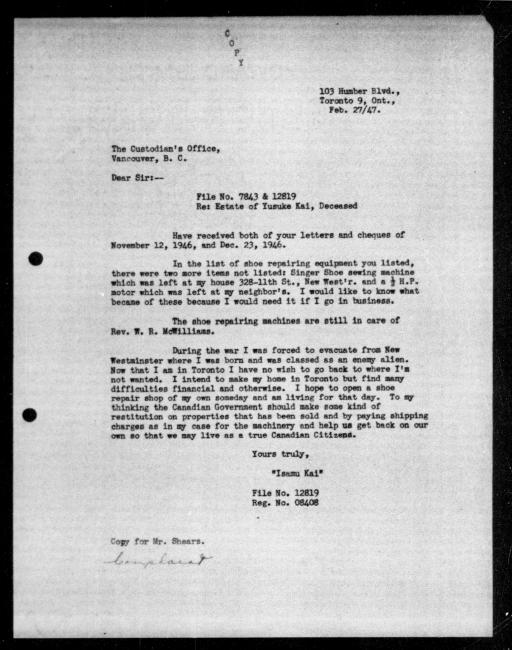 Un microfilm noir et blanc scanné d'une copie dactylographiée d'une lettre adressée au gouvernement de Isamu Kai concernant la dépossession de sa propriété. Il y a une annotation manuscrite.