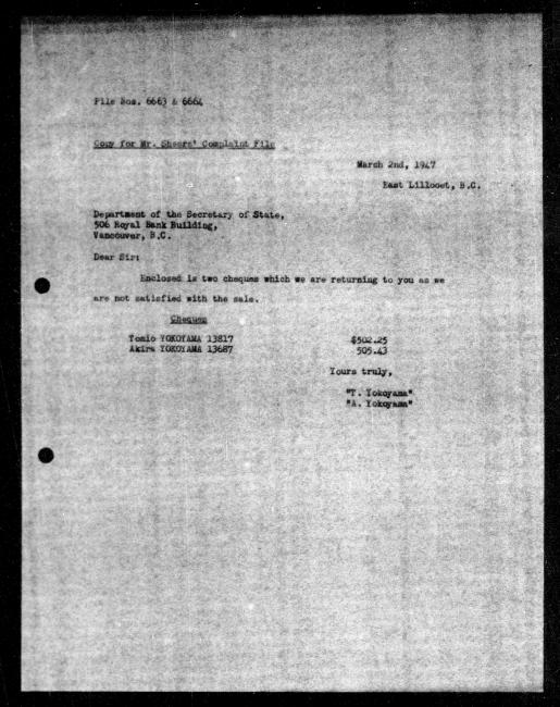 Un microfilm noir et blanc scanné d'une copie dactylographiée d'une lettre adressée au gouvernement de Tomio Yokohama et Akira Yokohama concernant la dépossession de sa propriété.