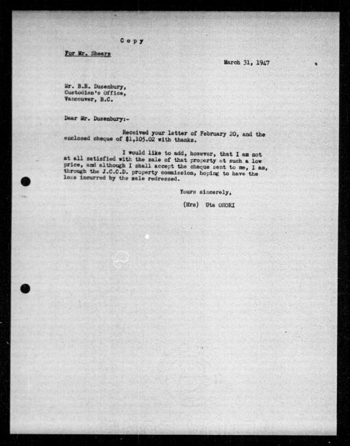 Un microfilm noir et blanc scanné d'une copie dactylographiée d'une lettre adressée au gouvernement de Uta Ohori concernant la dépossession de sa propriété.