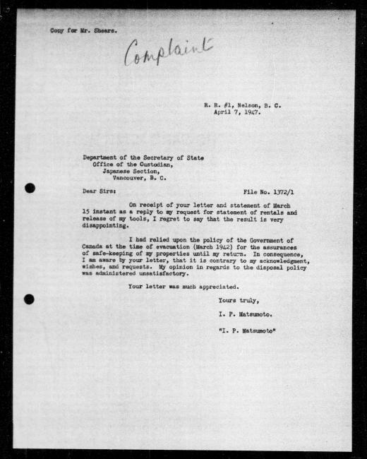 Un microfilm noir et blanc scanné d'une copie dactylographiée d'une lettre adressée au gouvernement de IP Matsumoto concernant la dépossession de sa propriété. Il y a une annotation manuscrite.