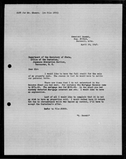 Un microfilm noir et blanc scanné d'une copie dactylographiée d'une lettre adressée au gouvernement de Kwanichi Sasaki concernant la dépossession de sa propriété.