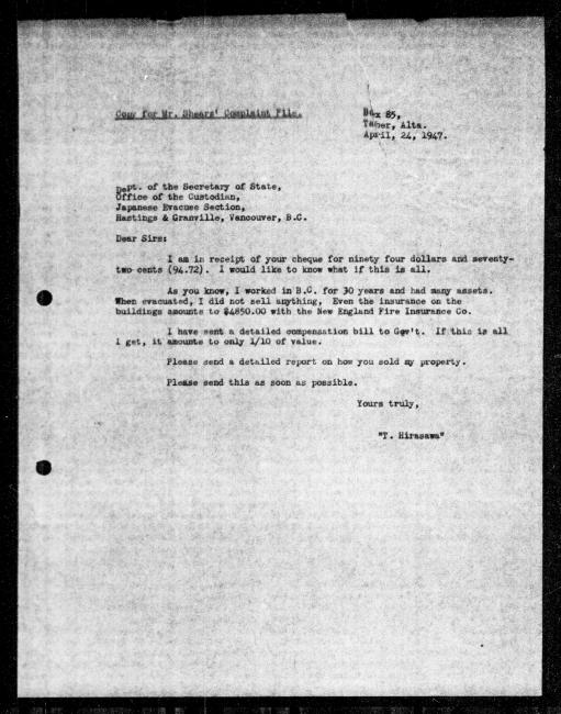 Un microfilm noir et blanc scanné d'une copie dactylographiée d'une lettre adressée au gouvernement de T Hirasawa concernant la dépossession de sa propriété.