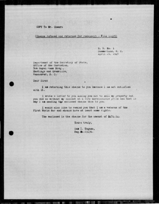 Un microfilm noir et blanc scanné d'une copie dactylographiée d'une lettre adressée au gouvernement de Sam I. Uegama concernant la dépossession de sa propriété.