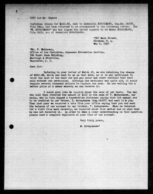 Un microfilm noir et blanc scanné d'une copie dactylographiée d'une lettre adressée au représentant du gouvernement F Matheson de Masao Kobayakawa concernant la dépossession de sa propriété.