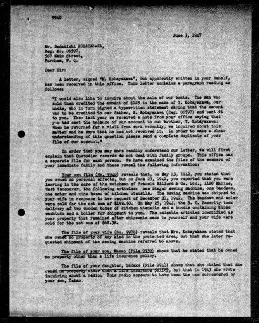 Un microfilm noir et blanc scanné d'une lettre de réponse dactylographiée à Sadakichi Kobayakawa du représentant du gouvernement F Matheson concernant la dépossession de sa propriété. Page 1 sur 3.
