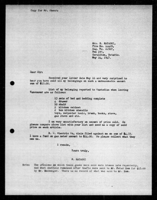 Un microfilm noir et blanc scanné d'une copie dactylographiée d'une lettre adressée au gouvernement de H Hayashi concernant la dépossession de sa propriété.