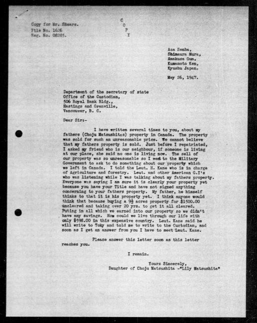 Un microfilm noir et blanc scanné d'une copie dactylographiée d'une lettre adressée au gouvernement de Lily et Choju Matsushita concernant la dépossession de sa propriété.