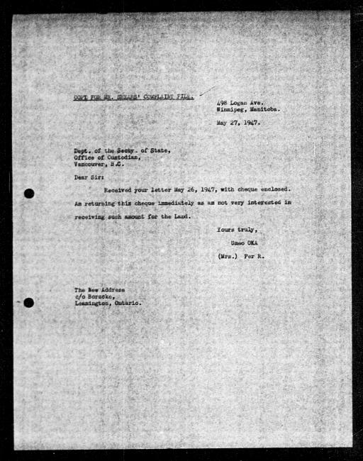Un microfilm noir et blanc scanné d'une copie dactylographiée d'une lettre adressée au gouvernement de Umeo Oka concernant la dépossession de sa propriété. Il y a des marques manuscrites.