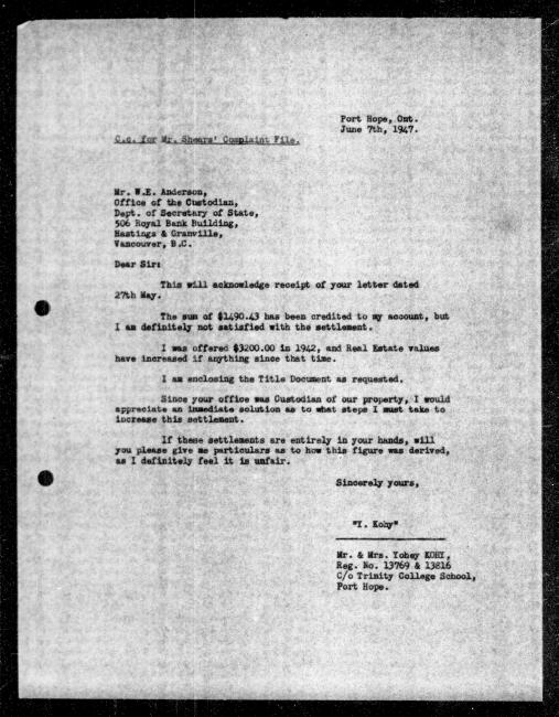 Un microfilm noir et blanc scanné d'une copie dactylographiée d'une lettre adressée au gouvernement de M et Mme Yohey Kohy concernant la dépossession de sa propriété.