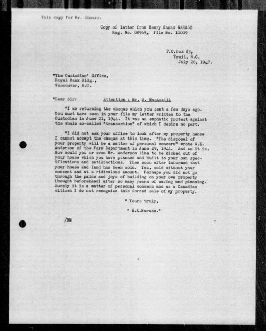 Un microfilm noir et blanc scanné d'une copie dactylographiée d'une lettre adressée au gouvernement de Henry Kanao Naruse concernant la dépossession de sa propriété.