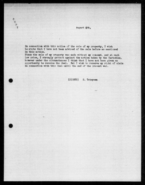Un microfilm noir et blanc scanné d'une copie dactylographiée d'une lettre adressée au gouvernement de S Tateyama concernant la dépossession de sa propriété.