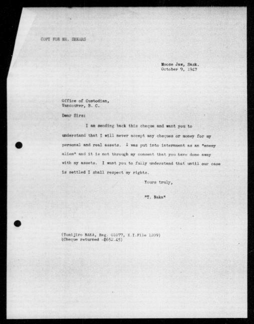 Un microfilm noir et blanc scanné d'une copie dactylographiée d'une lettre adressée au gouvernement de Tomijiro Naka concernant la dépossession de sa propriété.